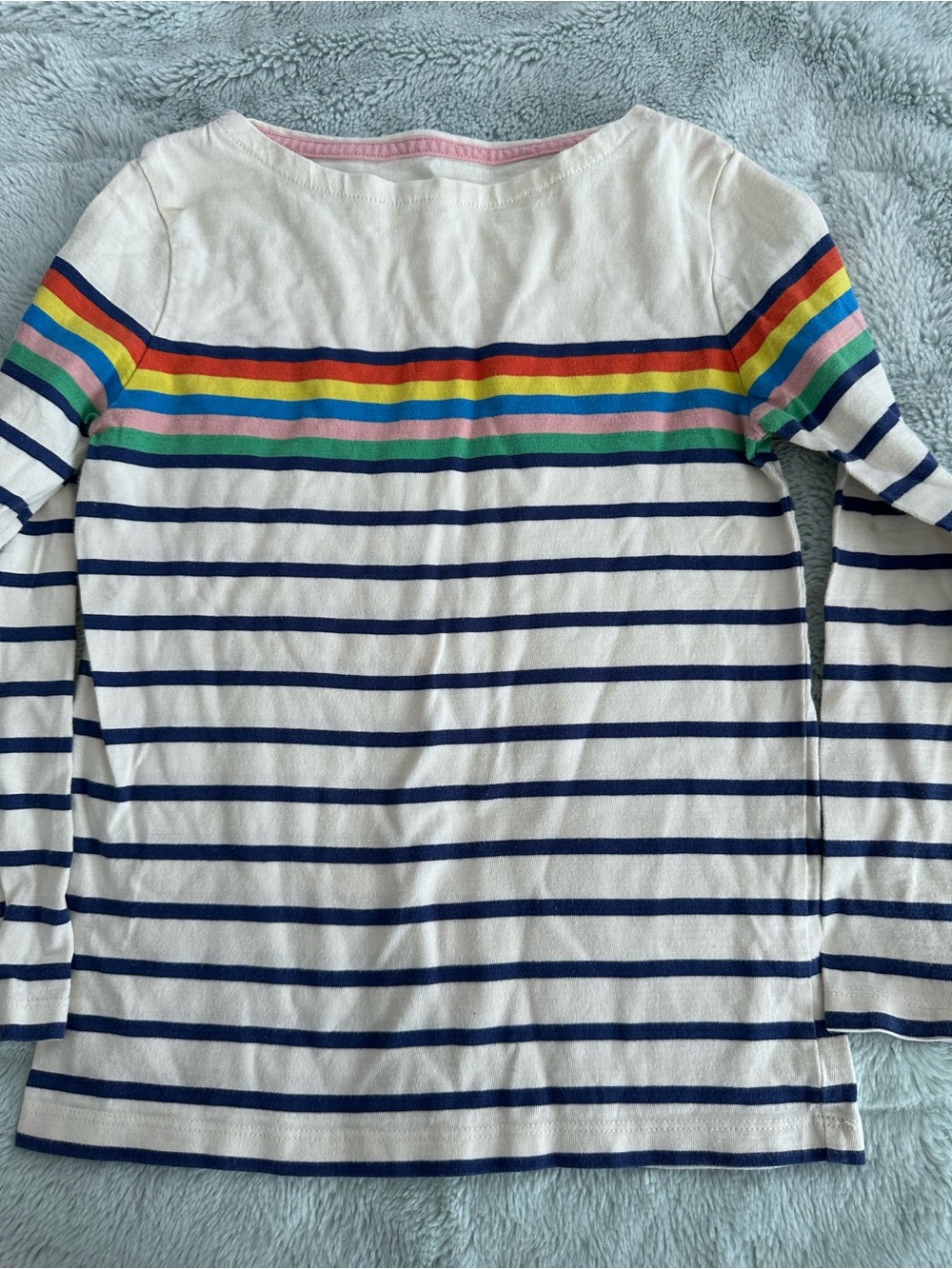 Mini Boden White & Navy Striped Long-Sleeve Top with Rainbow Yoke